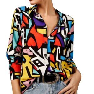 Big Dart Vintage Op Art Dopamine Colorblock Button Collared Blouse Shirt Top 8